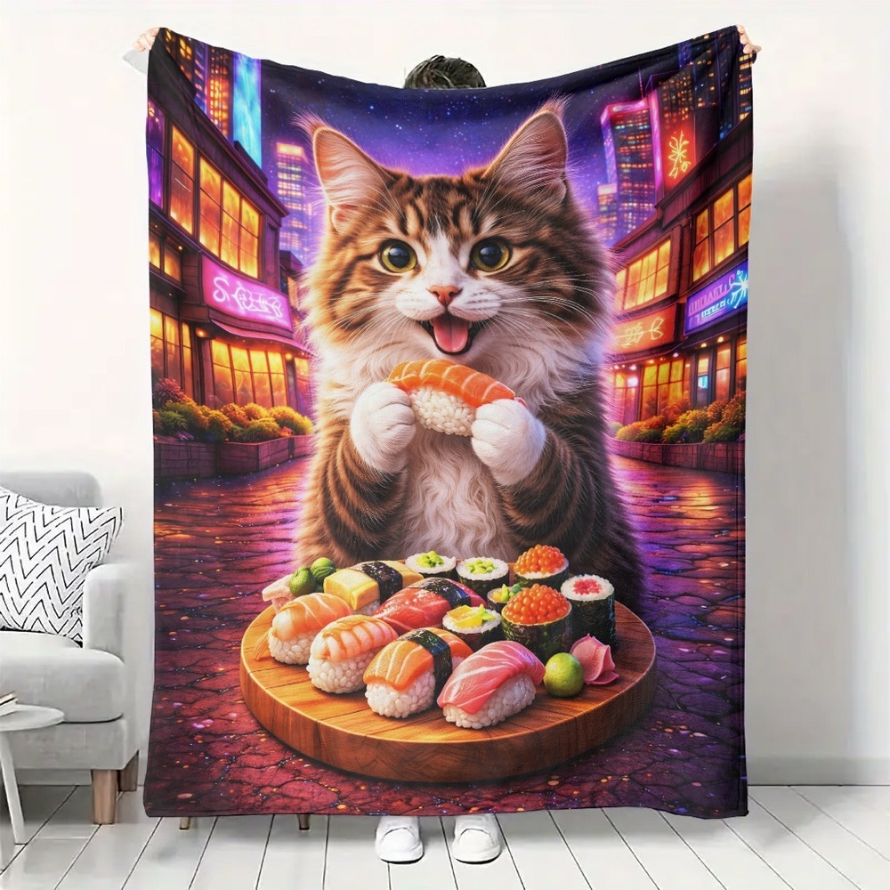 Whimsical Multicolor Cat & Sushi Plush Throw Blanket by
